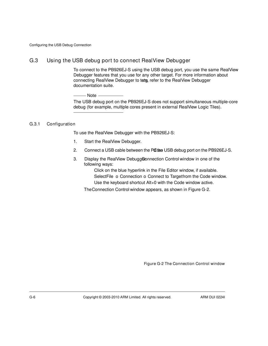 ARM ARM DUI 0224I manual Using the USB debug port to connect RealView Debugger, Figure G-2 The Connection Control window 