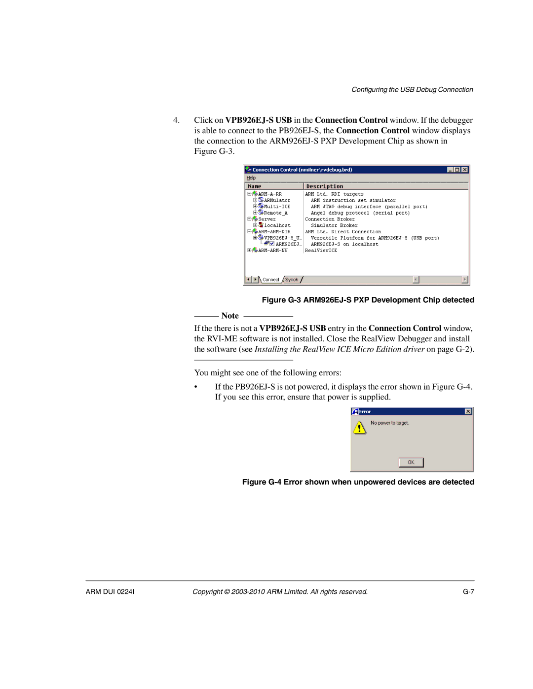 ARM ARM DUI 0224I manual Figure G-3 ARM926EJ-S PXP Development Chip detected 