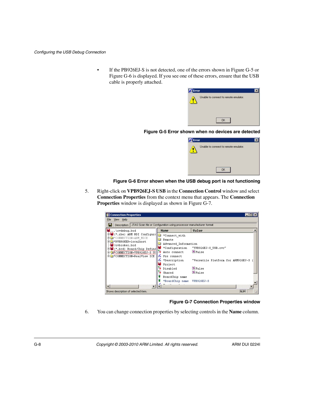 ARM ARM DUI 0224I manual Figure G-5 Error shown when no devices are detected 