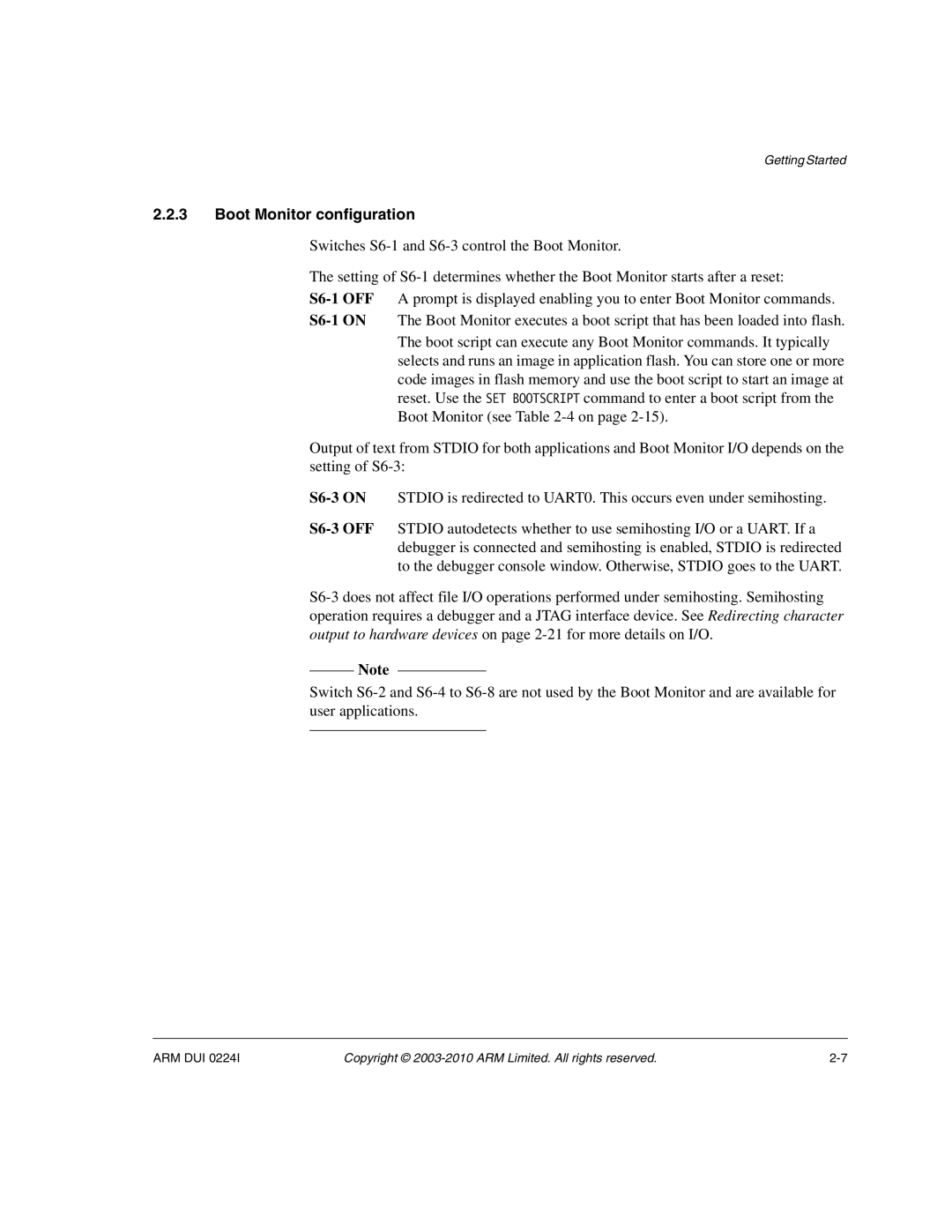 ARM ARM DUI 0224I manual Boot Monitor configuration 