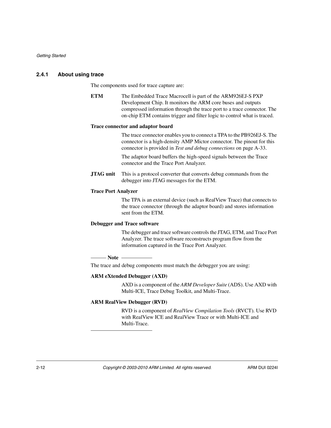 ARM ARM DUI 0224I manual About using trace, Trace connector and adaptor board 