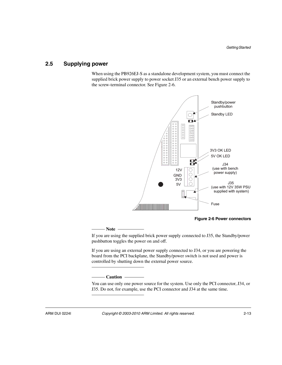 ARM ARM DUI 0224I manual Supplying power, Power connectors 