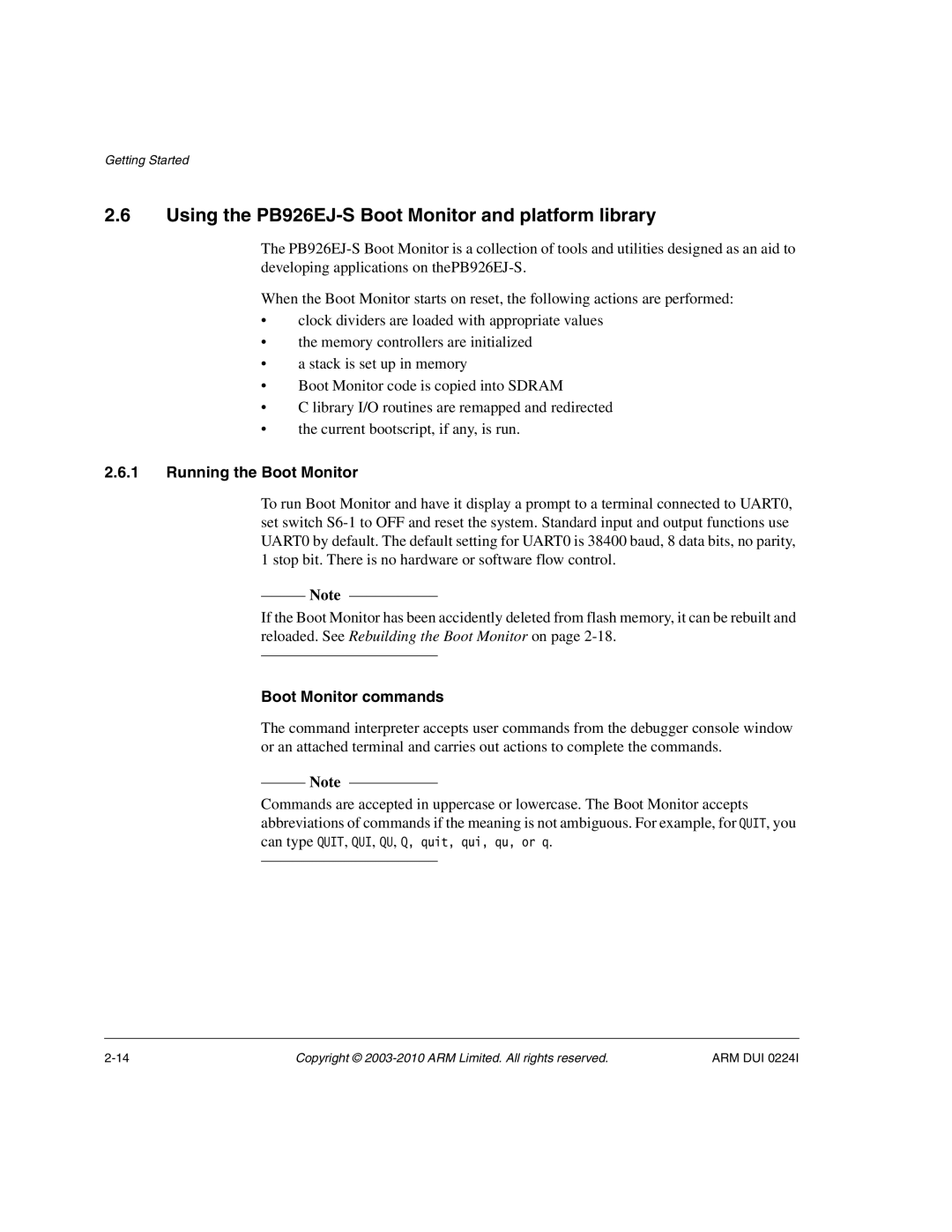ARM ARM DUI 0224I Using the PB926EJ-S Boot Monitor and platform library, Running the Boot Monitor, Boot Monitor commands 
