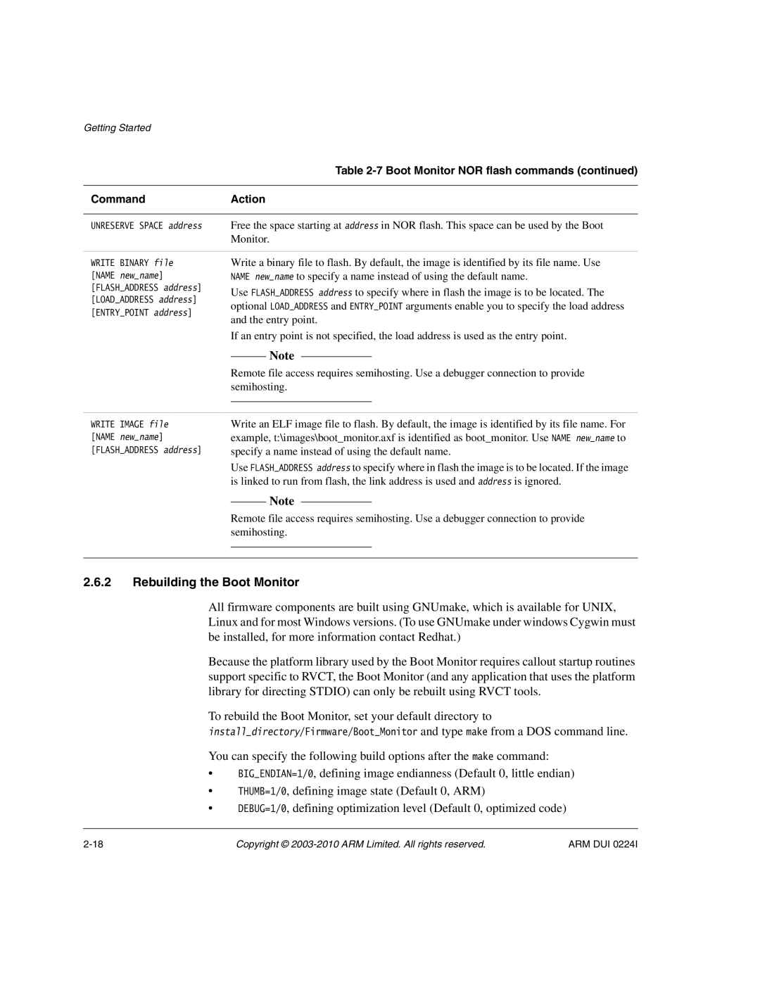 ARM ARM DUI 0224I manual Rebuilding the Boot Monitor, Boot Monitor NOR flash commands CommandAction 
