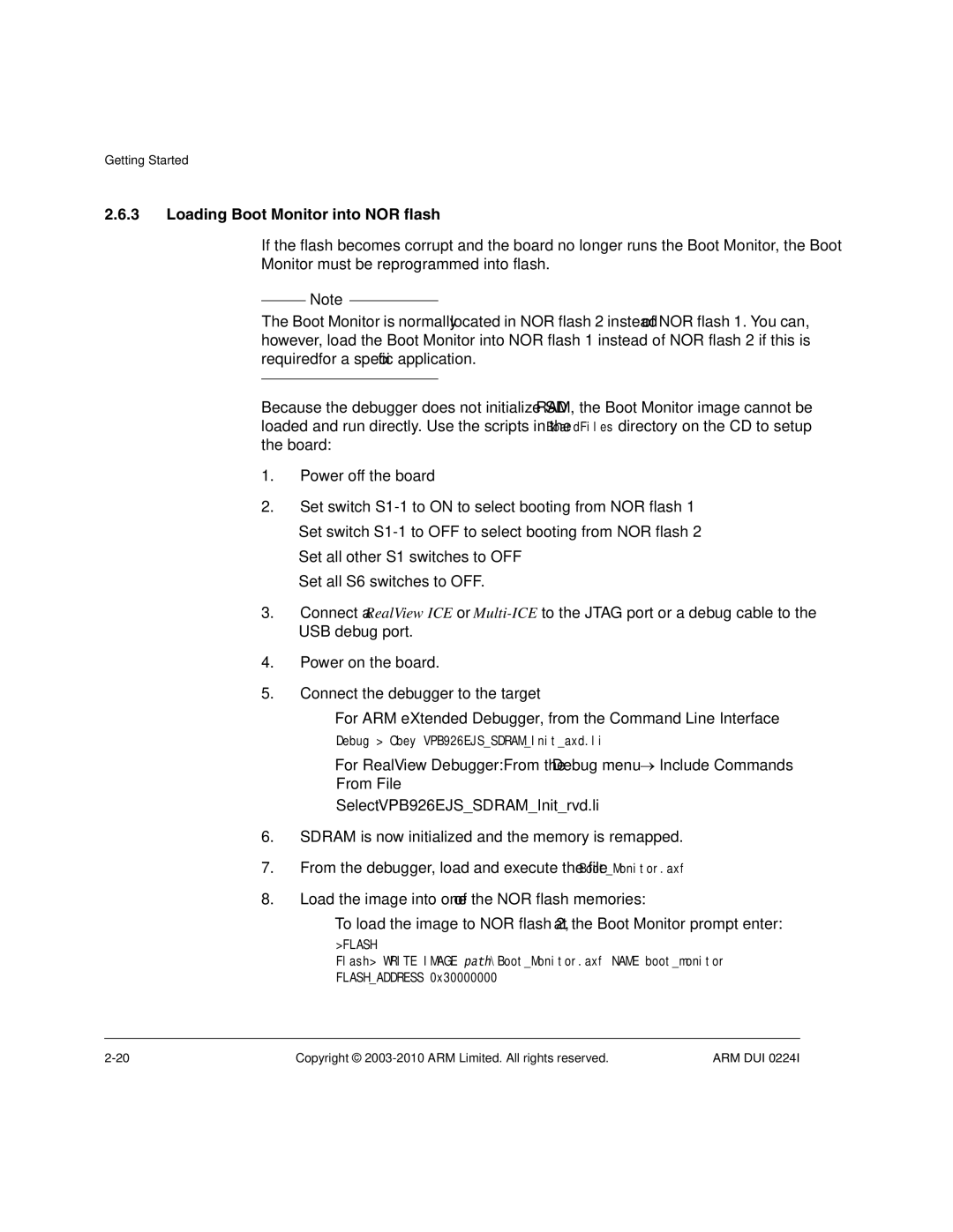 ARM ARM DUI 0224I manual Loading Boot Monitor into NOR flash, For RealView DebuggerFrom the Debug menu → Include Commands 