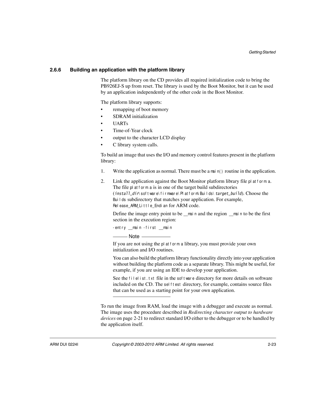 ARM ARM DUI 0224I manual Building an application with the platform library 