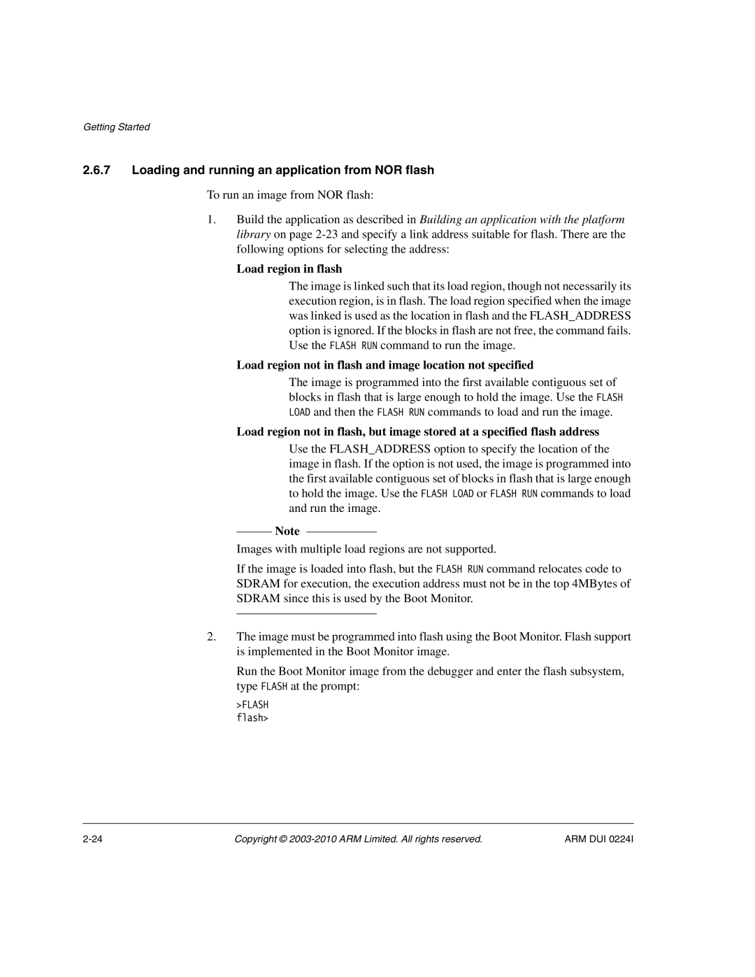 ARM ARM DUI 0224I manual Loading and running an application from NOR flash, Load region in flash 