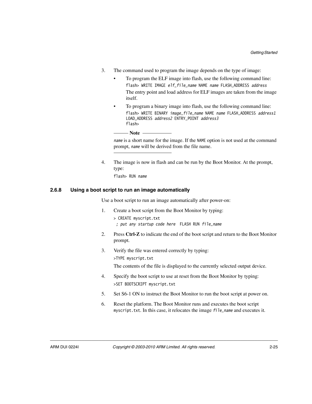 ARM ARM DUI 0224I manual Using a boot script to run an image automatically 