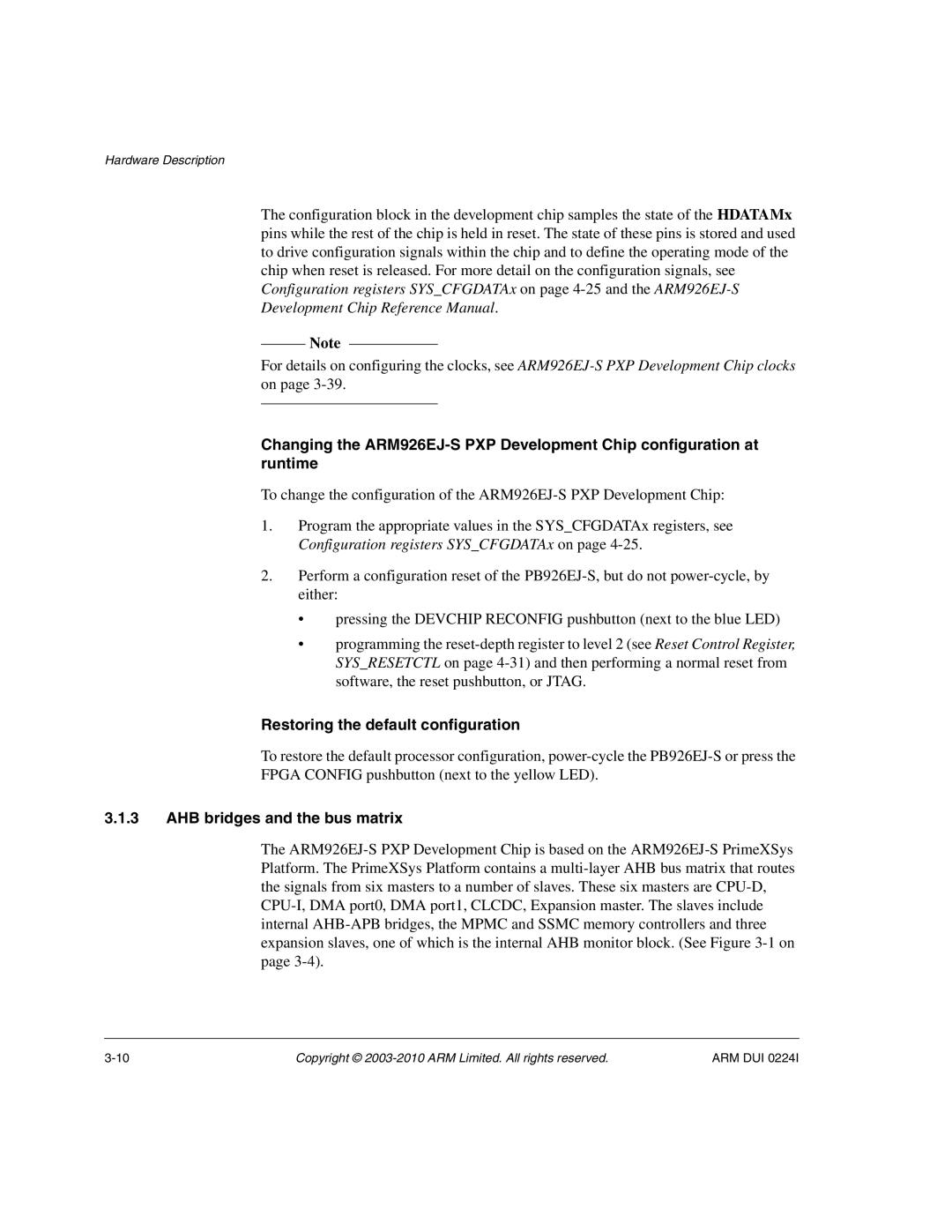 ARM ARM DUI 0224I manual Restoring the default configuration, AHB bridges and the bus matrix 