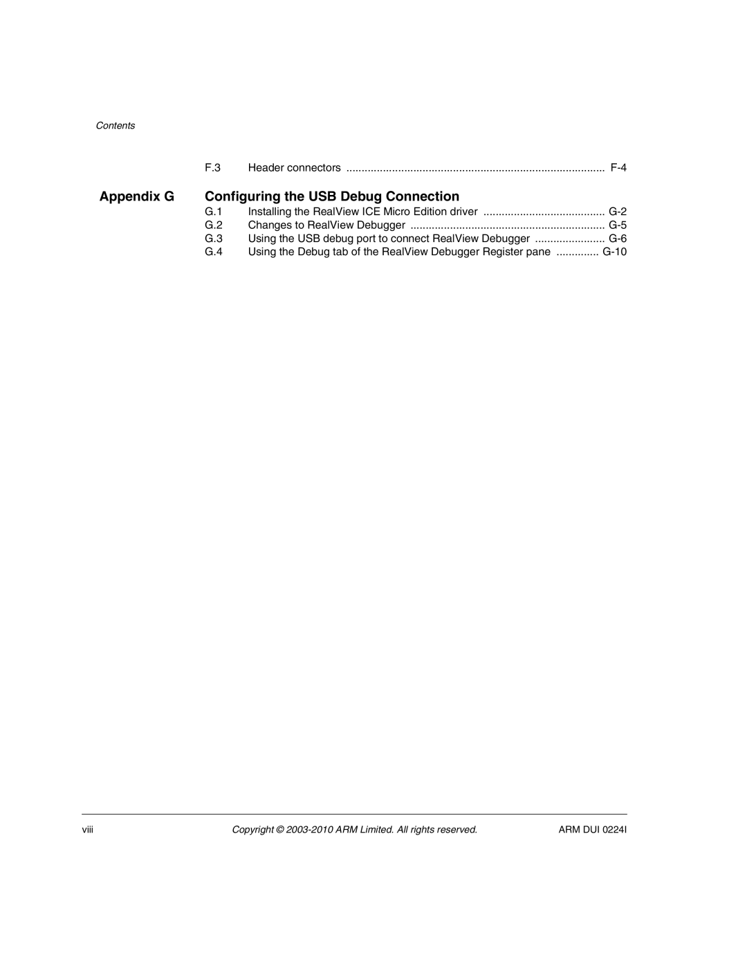 ARM ARM DUI 0224I manual Appendix G Configuring the USB Debug Connection 