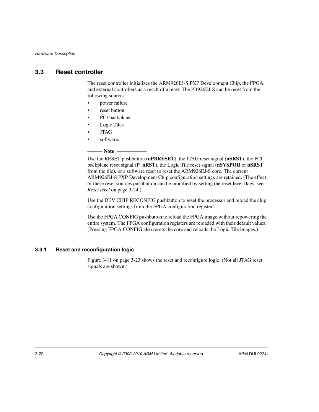 ARM ARM DUI 0224I manual Reset controller, Reset and reconfiguration logic 