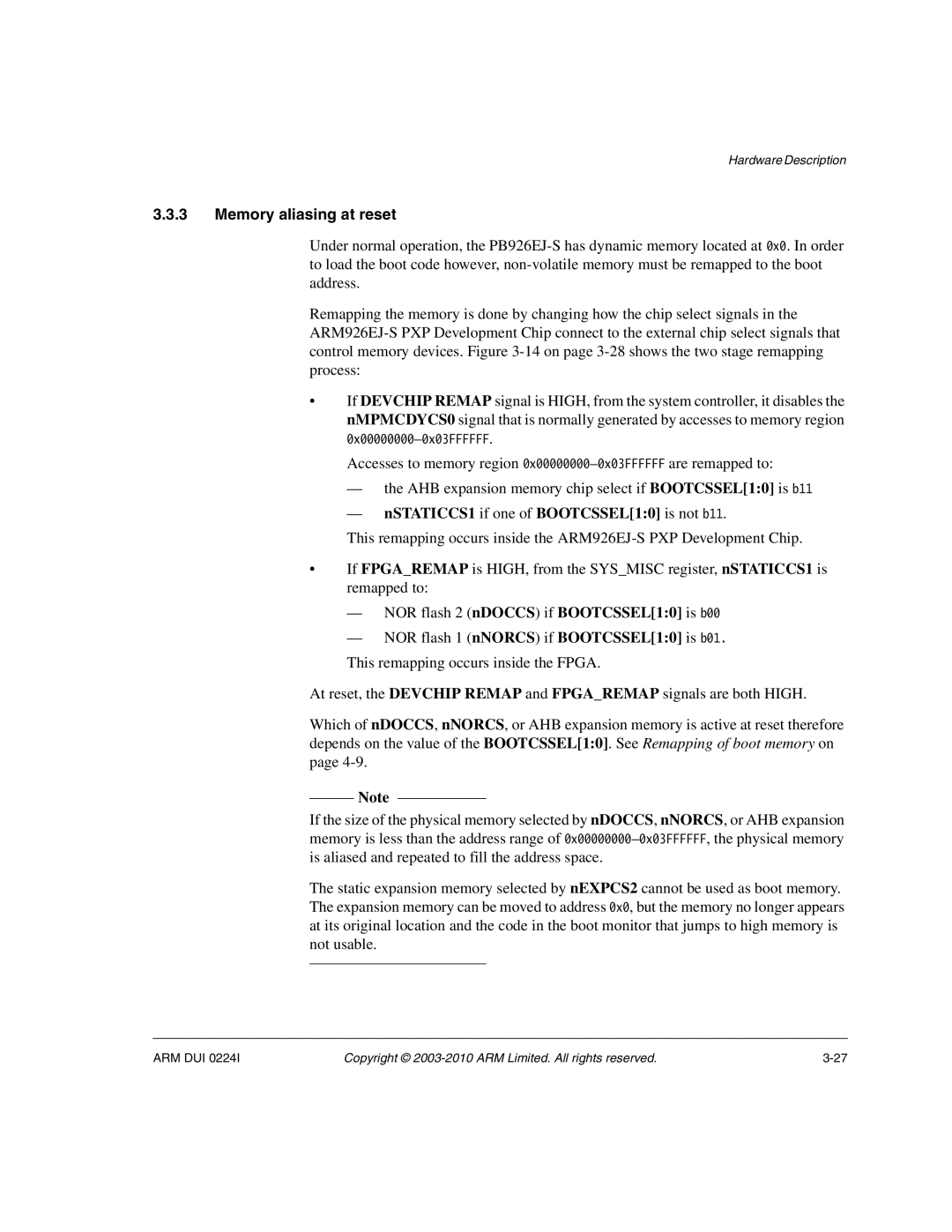 ARM ARM DUI 0224I manual Memory aliasing at reset, NSTATICCS1 if one of BOOTCSSEL10 is not b11 