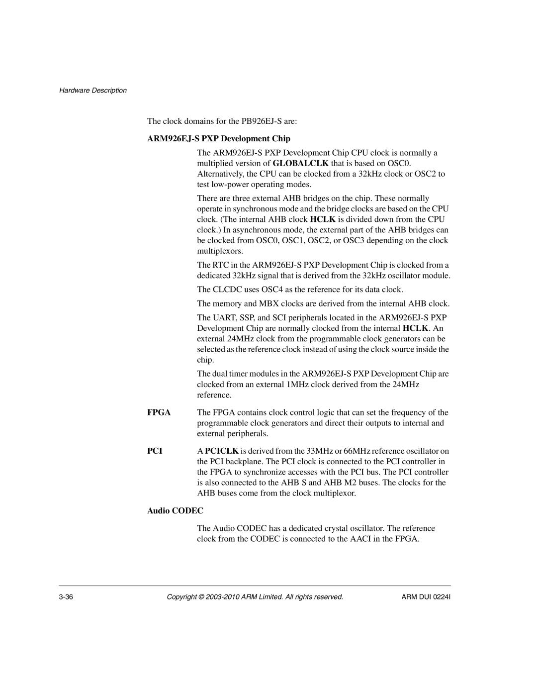 ARM ARM DUI 0224I manual Clock domains for the PB926EJ-S are, ARM926EJ-S PXP Development Chip 