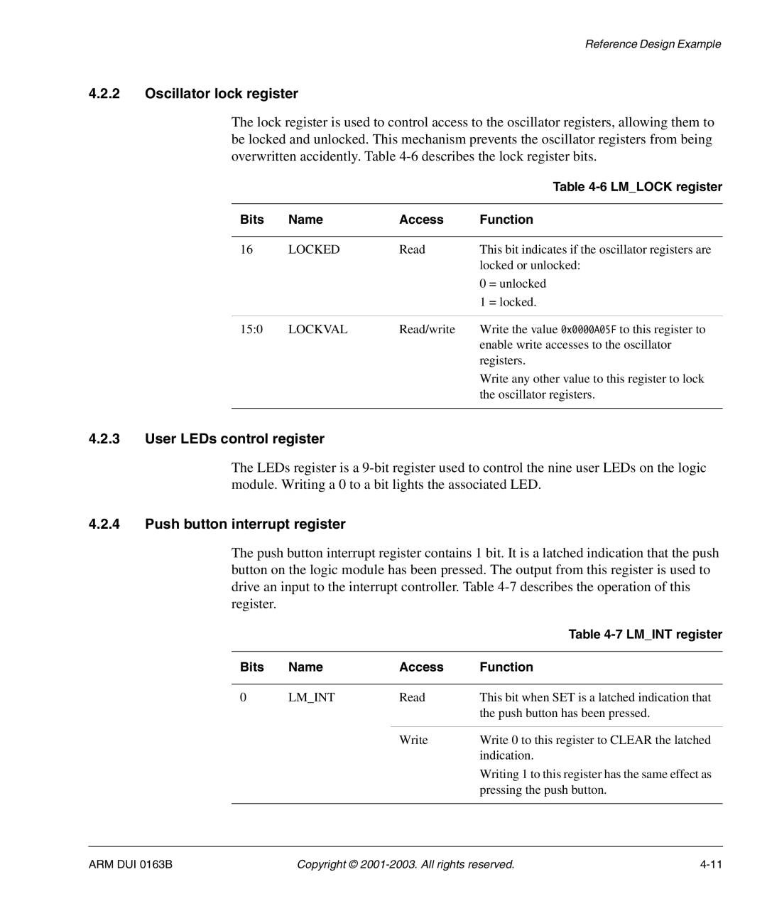 Arm Enterprises IM-AD1 manual Oscillator lock register, User LEDs control register, Push button interrupt register 