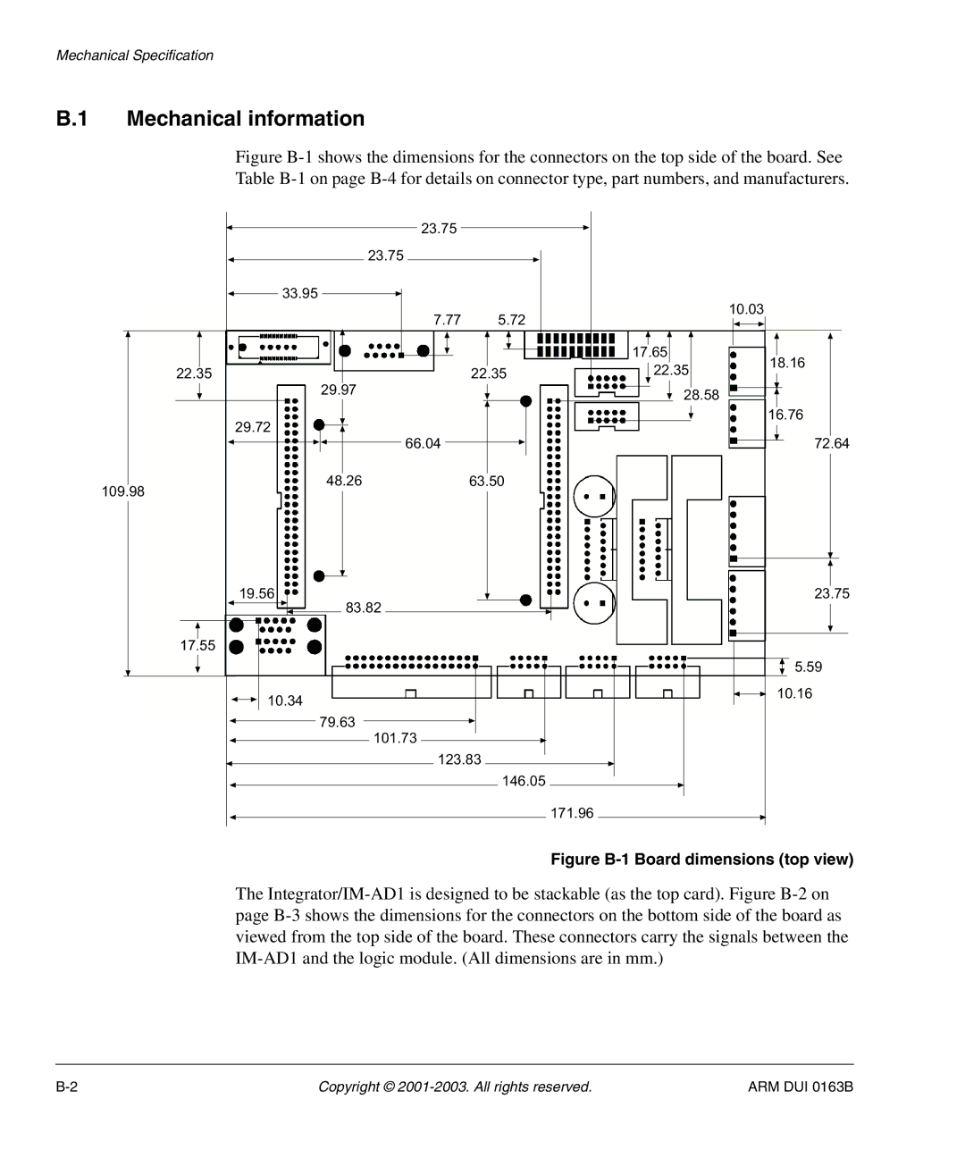 Arm Enterprises IM-AD1 manual Mechanical information, Figure B-1 Board dimensions top view 