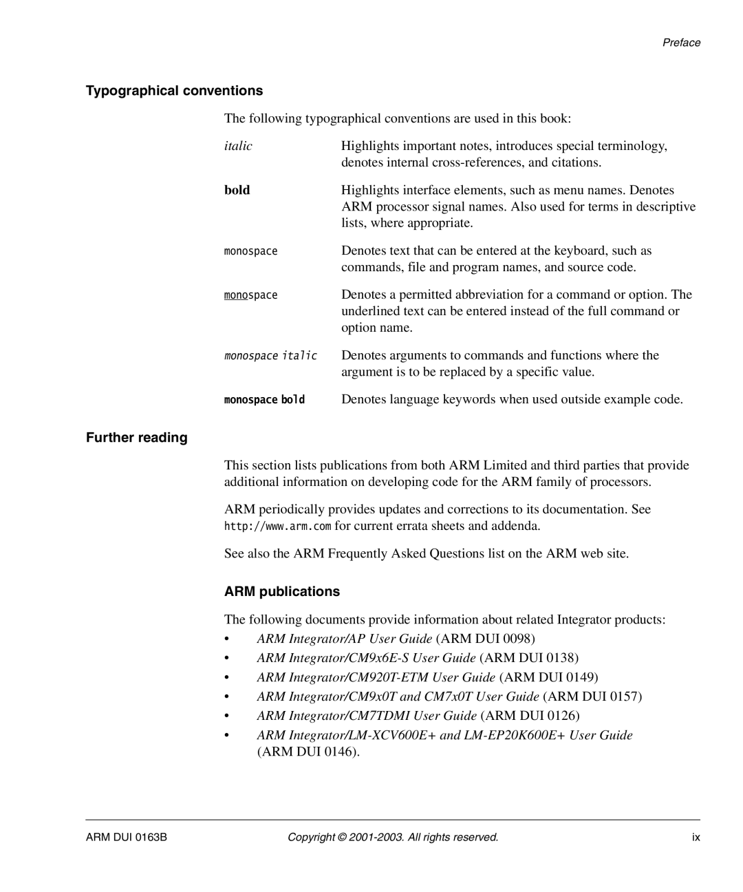 Arm Enterprises IM-AD1 manual Typographical conventions, Further reading, ARM publications 