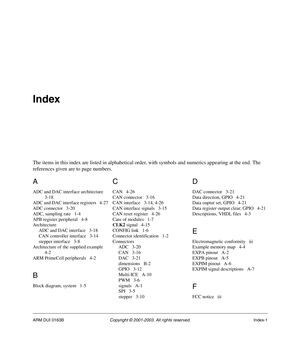 Arm Enterprises IM-AD1 manual Index, ADC Can, Dac, Gpio, Pwm 