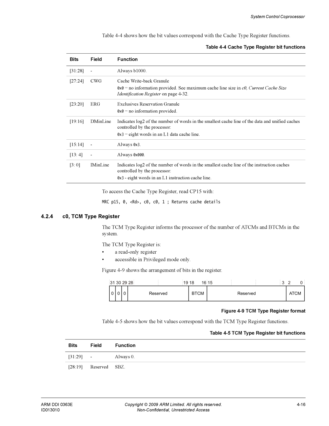 ARM R4F, r1p3 manual To access the Cache Type Register, read CP15 with, 4 c0, TCM Type Register 