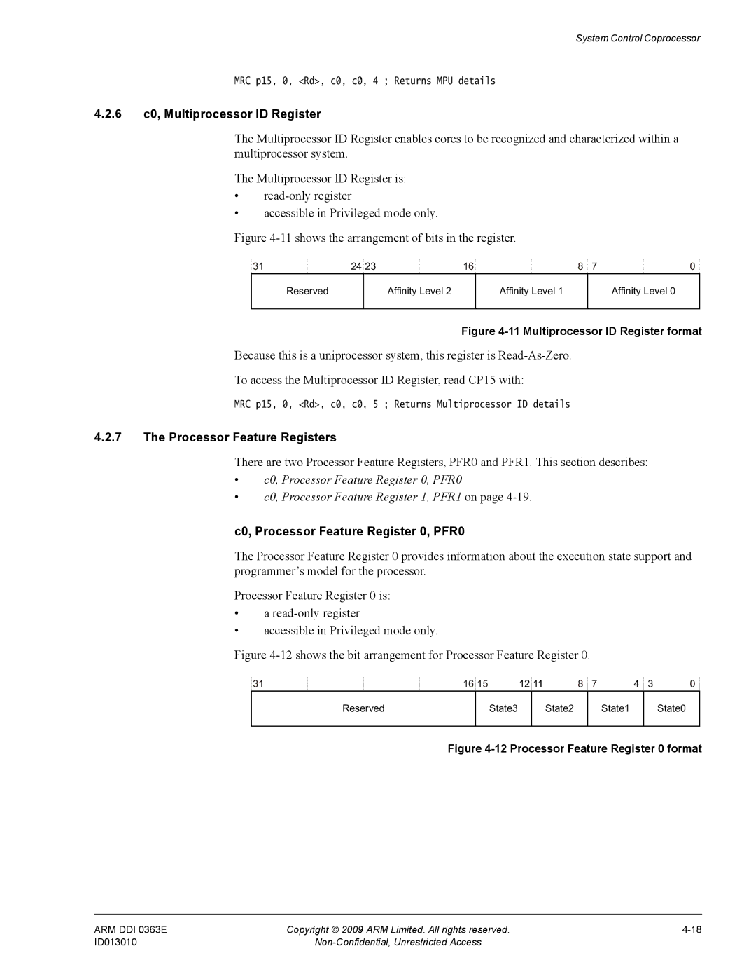 ARM R4F, r1p3 manual 6 c0, Multiprocessor ID Register, Processor Feature Registers, C0, Processor Feature Register 0, PFR0 