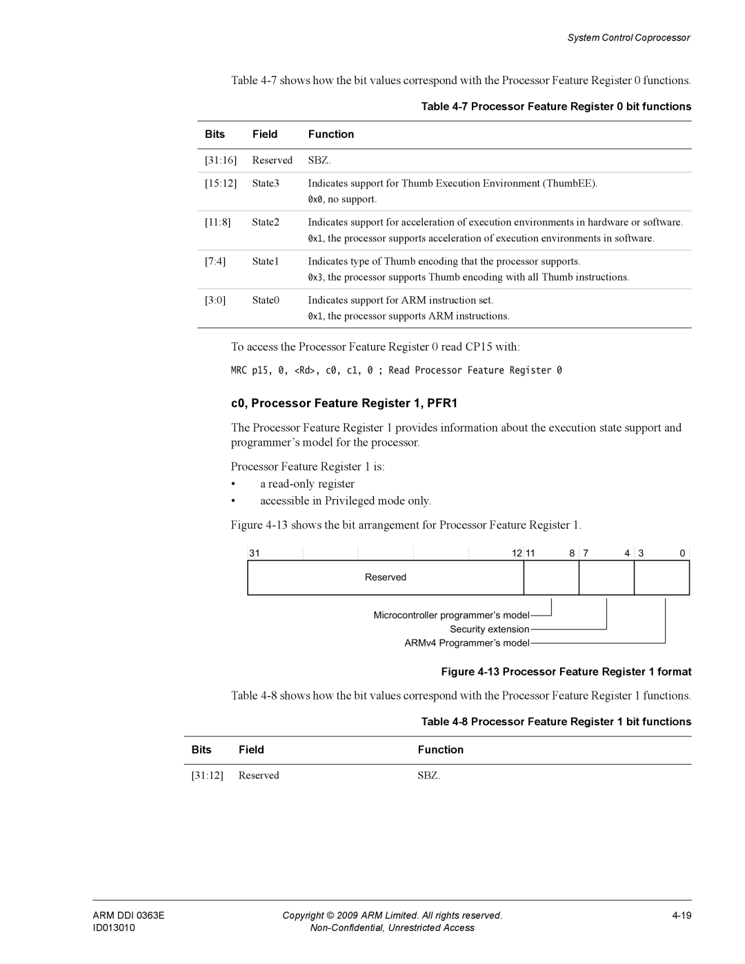 ARM R4F, r1p3 manual To access the Processor Feature Register 0 read CP15 with, C0, Processor Feature Register 1, PFR1 