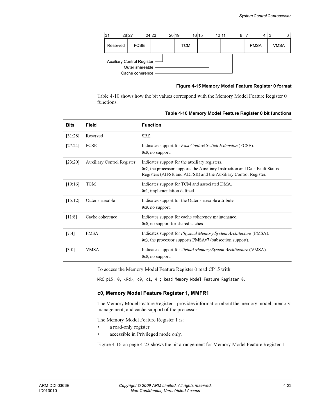 ARM R4F, r1p3 manual C0, Memory Model Feature Register 1, MMFR1, Memory Model Feature Register 0 bit functions 