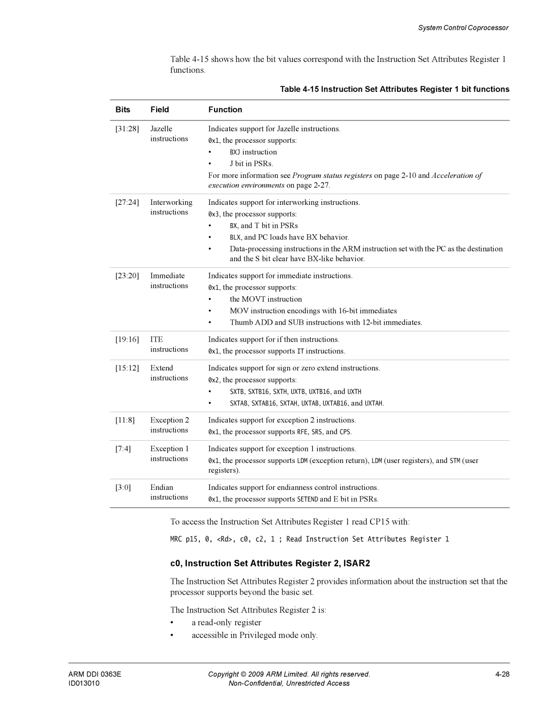 ARM R4F, r1p3 manual C0, Instruction Set Attributes Register 2, ISAR2, Ite, Indicates support for if then instructions 