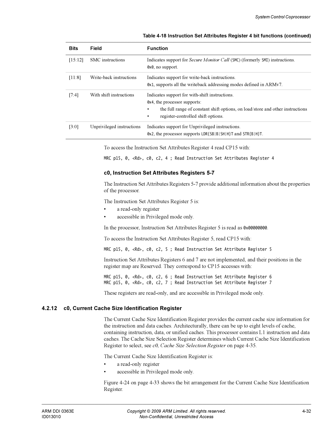 ARM r1p3, R4F manual C0, Instruction Set Attributes Registers, 12 c0, Current Cache Size Identification Register 