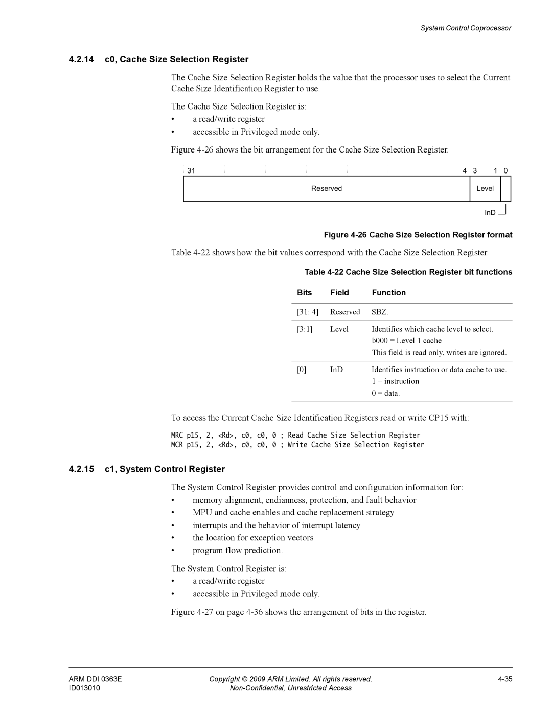 ARM r1p3, R4F manual 14 c0, Cache Size Selection Register, 15 c1, System Control Register 