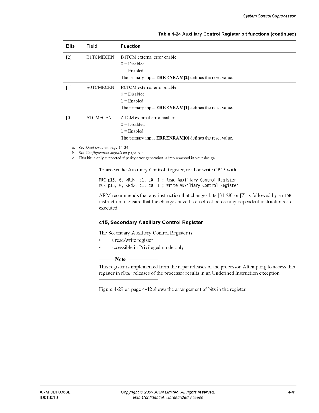 ARM r1p3, R4F manual C15, Secondary Auxiliary Control Register 