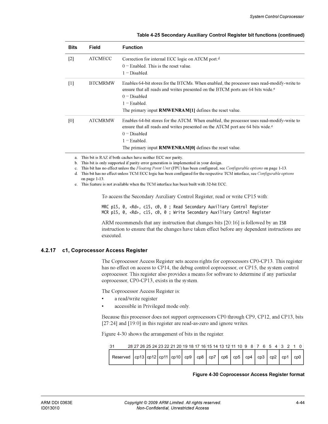 ARM r1p3, R4F manual 17 c1, Coprocessor Access Register, Atcmecc, Correction for internal ECC logic on Atcm port. d 