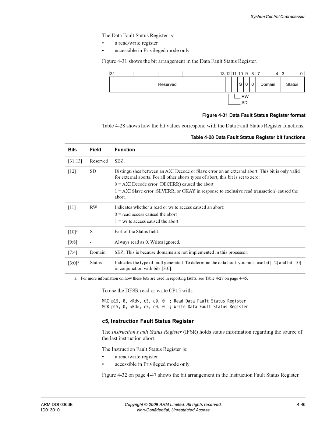 ARM R4F, r1p3 manual To use the Dfsr read or write CP15 with, C5, Instruction Fault Status Register 