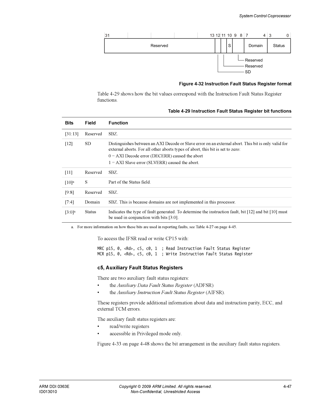 ARM r1p3, R4F manual To access the Ifsr read or write CP15 with, C5, Auxiliary Fault Status Registers 