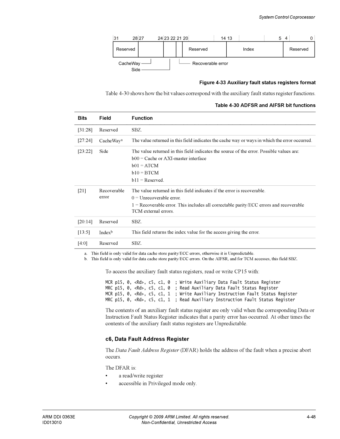 ARM R4F, r1p3 manual C6, Data Fault Address Register, Adfsr and Aifsr bit functions, = Atcm, = Btcm 