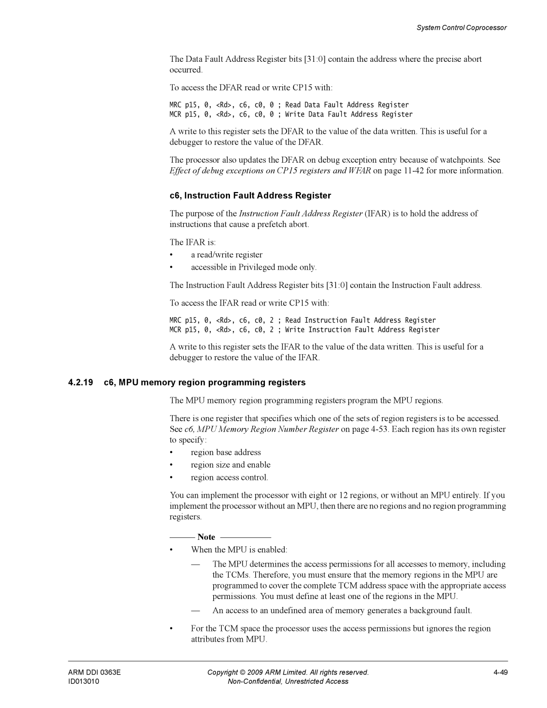 ARM R4F, r1p3 manual C6, Instruction Fault Address Register, 19 c6, MPU memory region programming registers 