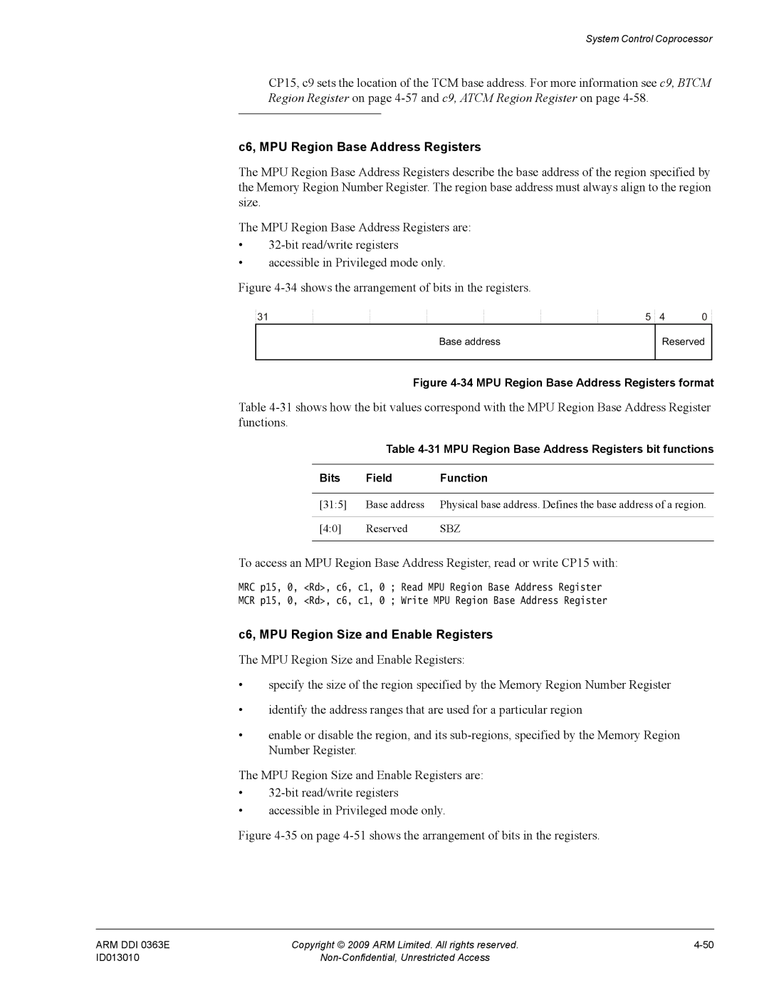 ARM r1p3, R4F manual C6, MPU Region Base Address Registers, C6, MPU Region Size and Enable Registers 