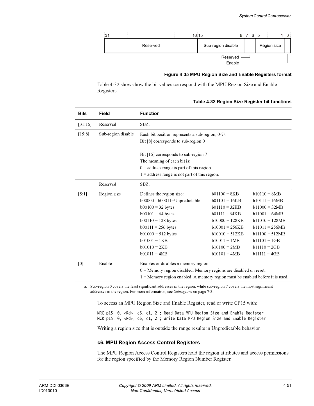 ARM R4F, r1p3 manual C6, MPU Region Access Control Registers, Region Size Register bit functions, Sub-region disable 