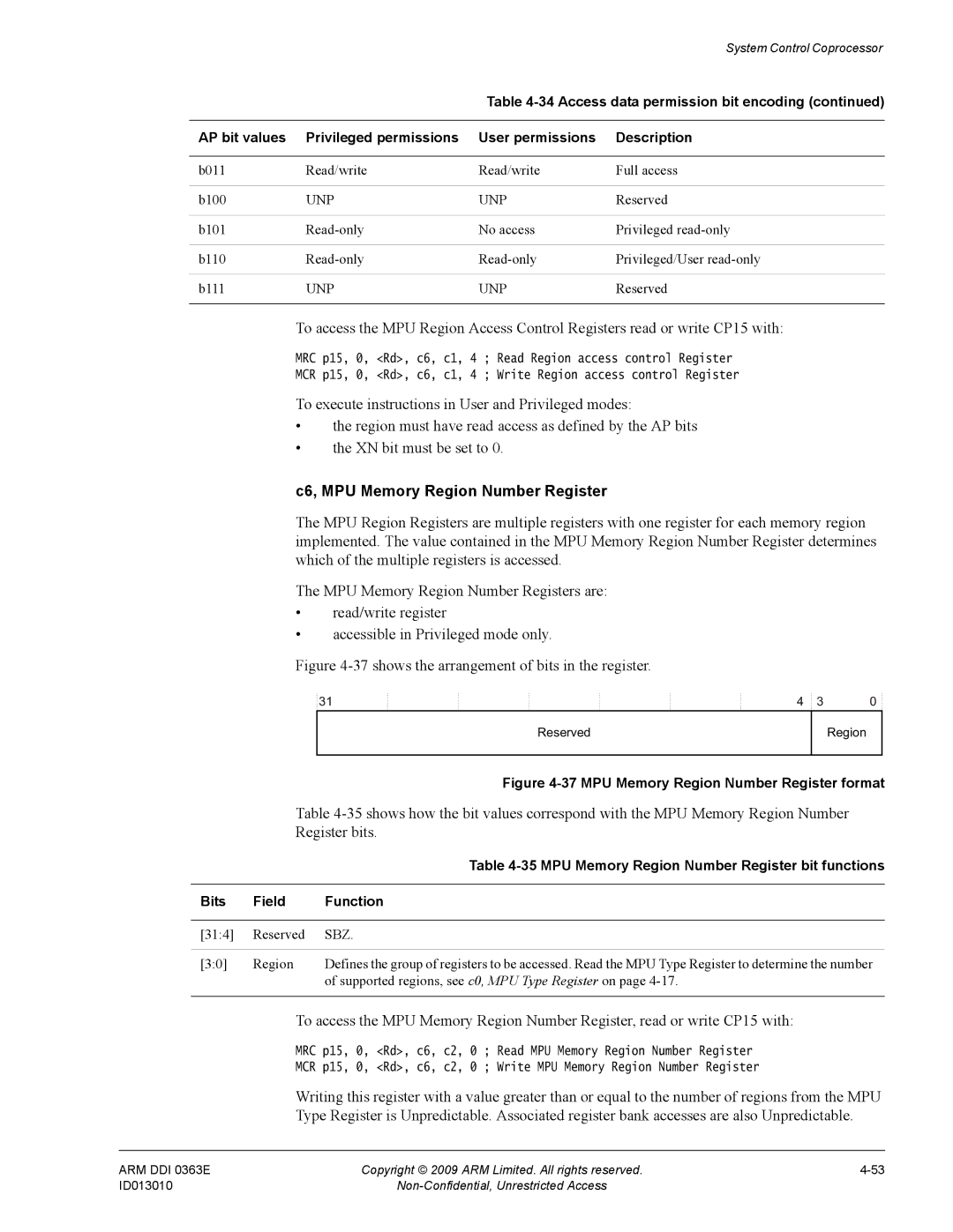 ARM r1p3, R4F manual C6, MPU Memory Region Number Register, Access data permission bit encoding, Unp 