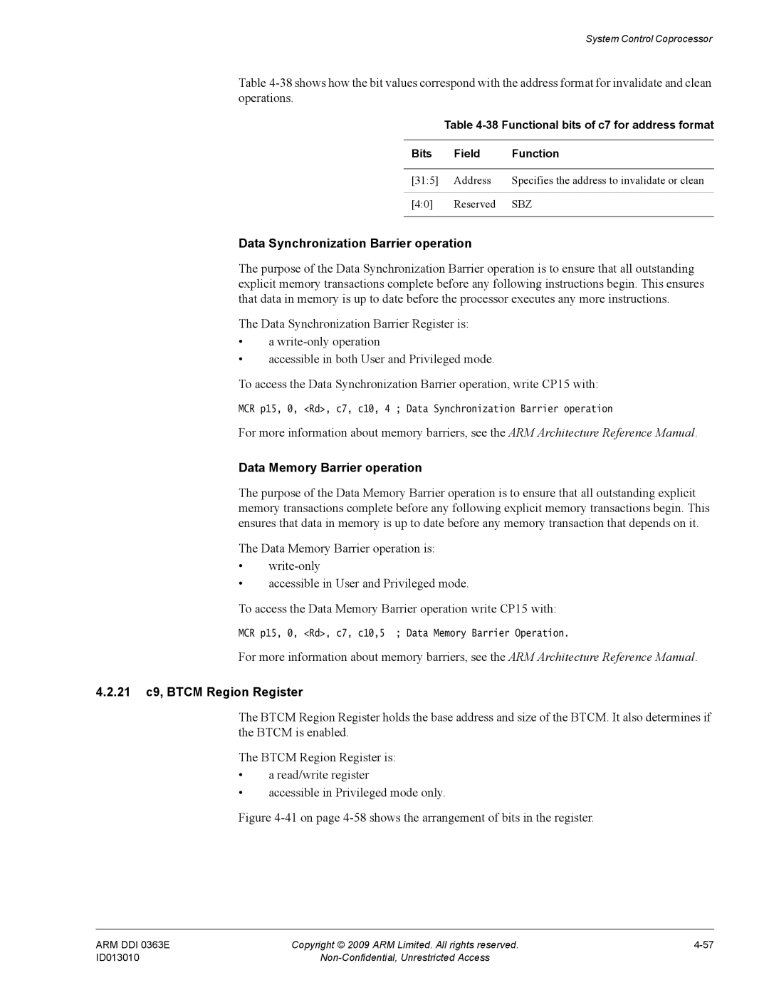 ARM R4F, r1p3 manual Data Synchronization Barrier operation, Data Memory Barrier operation, 21 c9, Btcm Region Register 