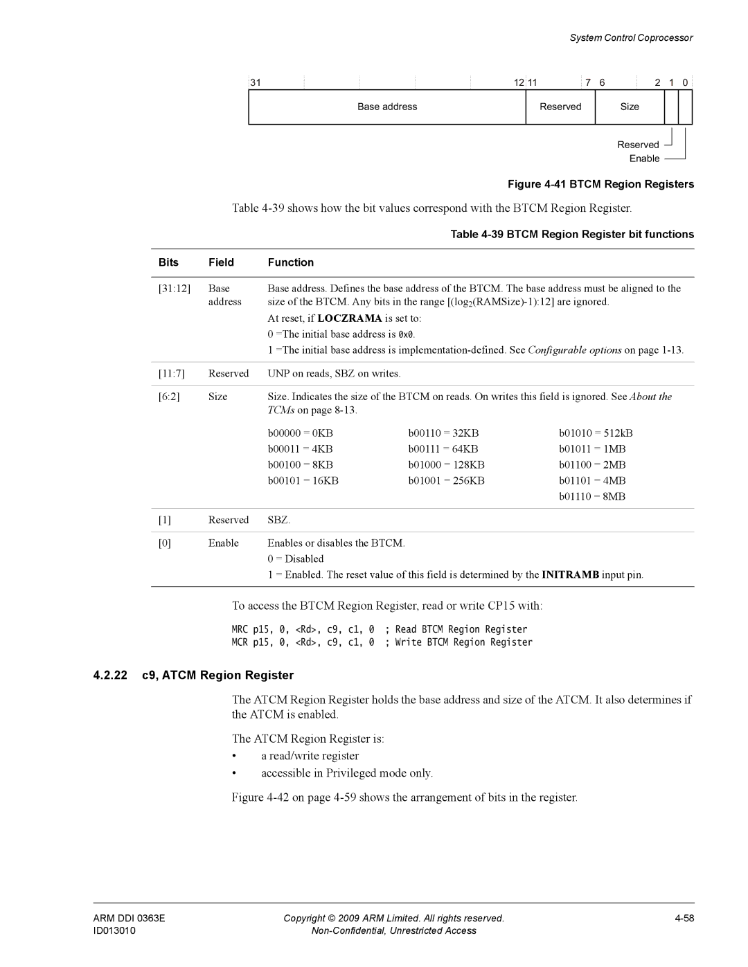 ARM R4F, r1p3 manual To access the Btcm Region Register, read or write CP15 with, 22 c9, Atcm Region Register 