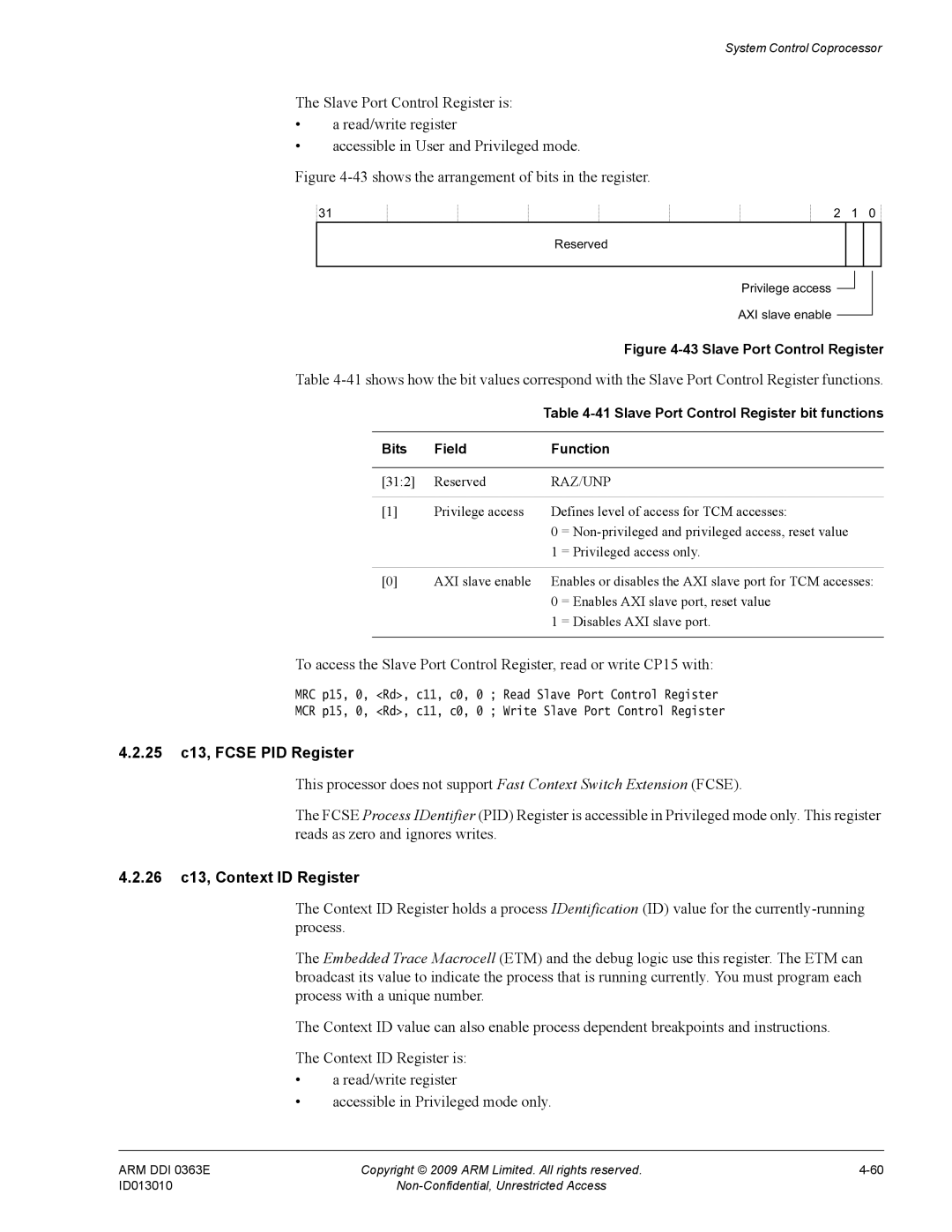 ARM R4F, r1p3 manual 25 c13, Fcse PID Register, 26 c13, Context ID Register, Reserved, Raz/Unp 