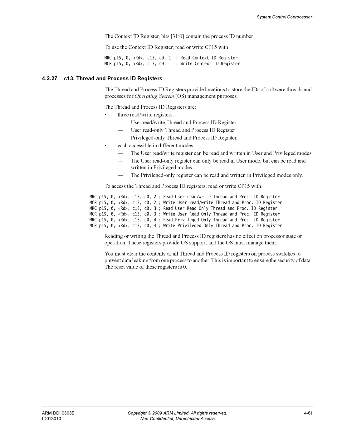 ARM R4F, r1p3 manual 27 c13, Thread and Process ID Registers 