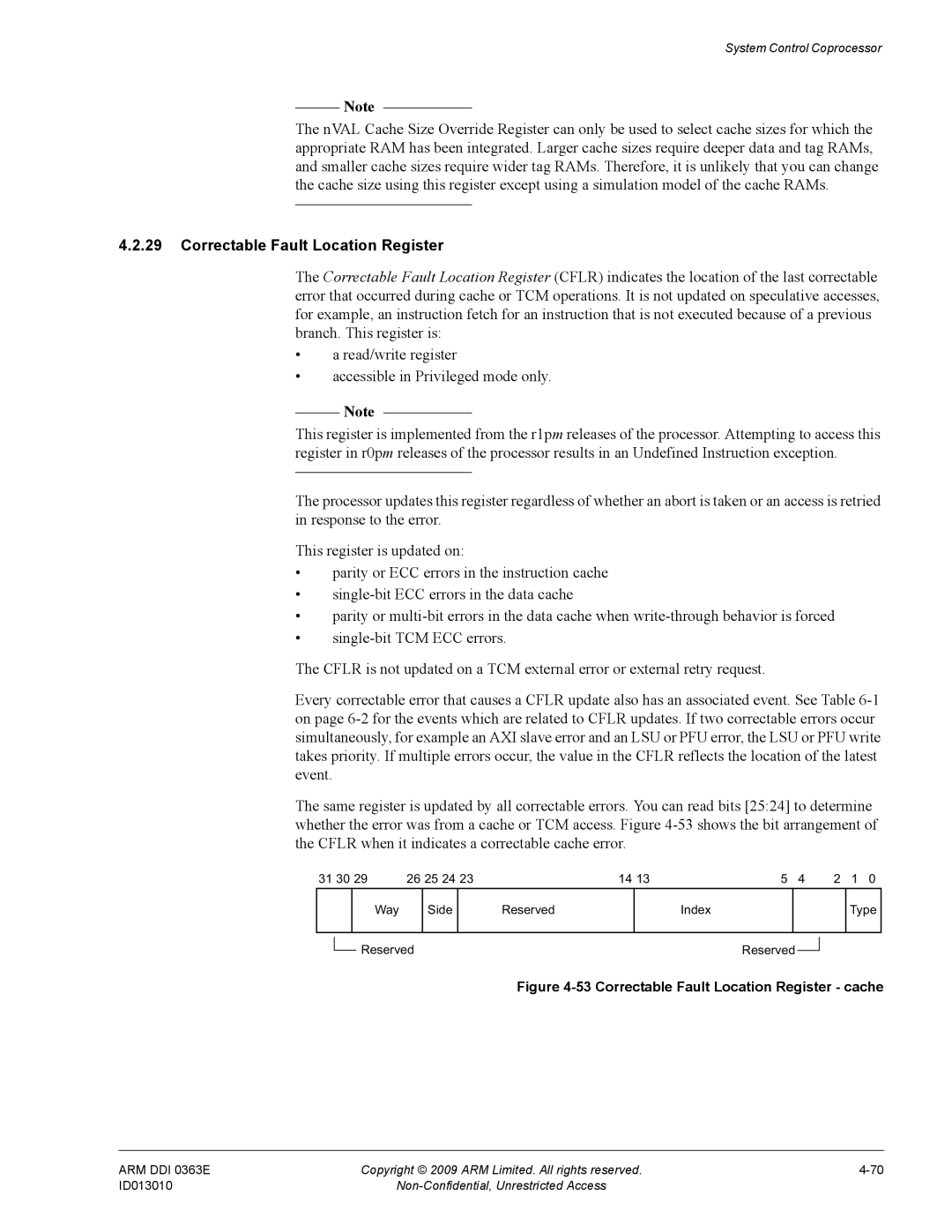 ARM R4F, r1p3 manual Correctable Fault Location Register cache 