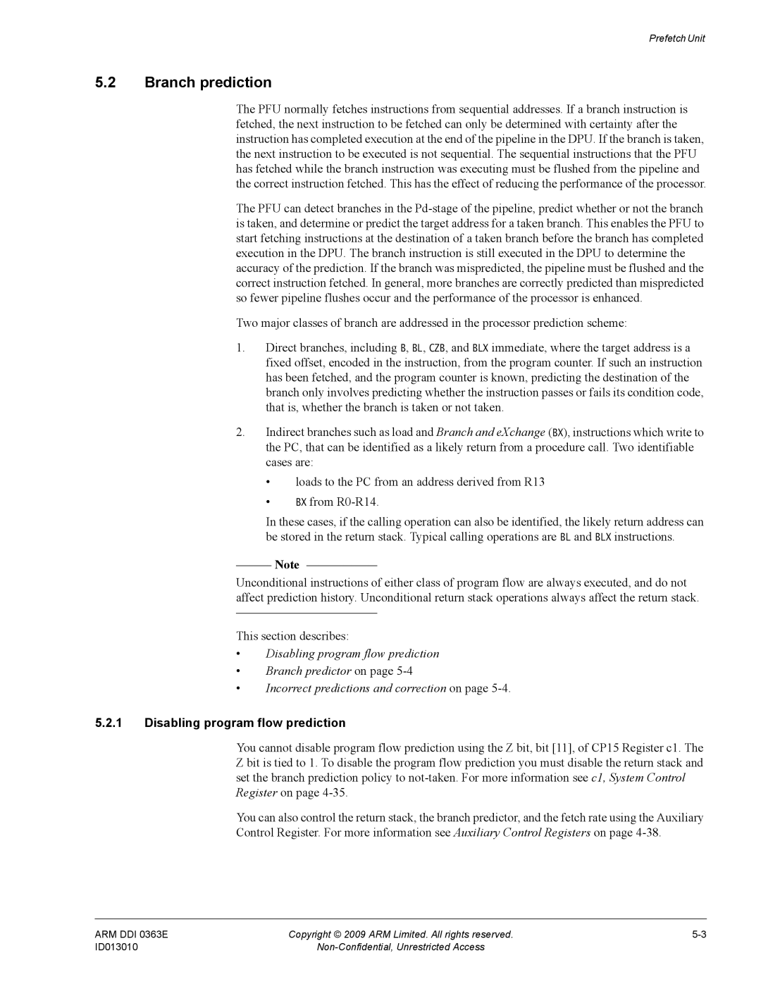 ARM R4F, r1p3 manual Branch prediction, Disabling program flow prediction 