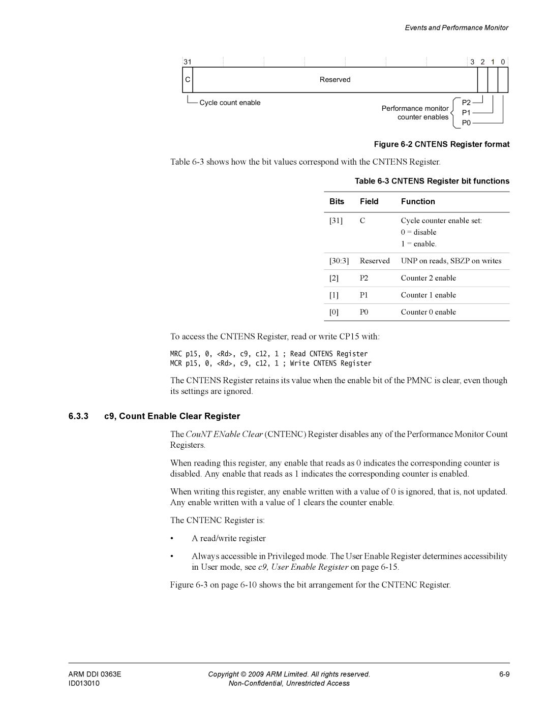 ARM r1p3, R4F manual To access the Cntens Register, read or write CP15 with, 3 c9, Count Enable Clear Register 