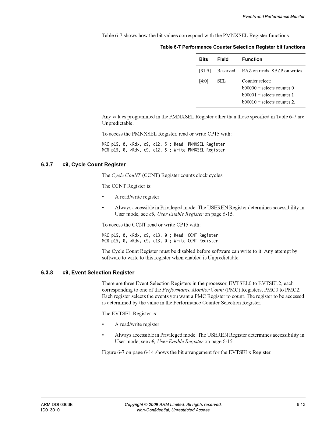 ARM R4F, r1p3 manual 7 c9, Cycle Count Register, 8 c9, Event Selection Register 