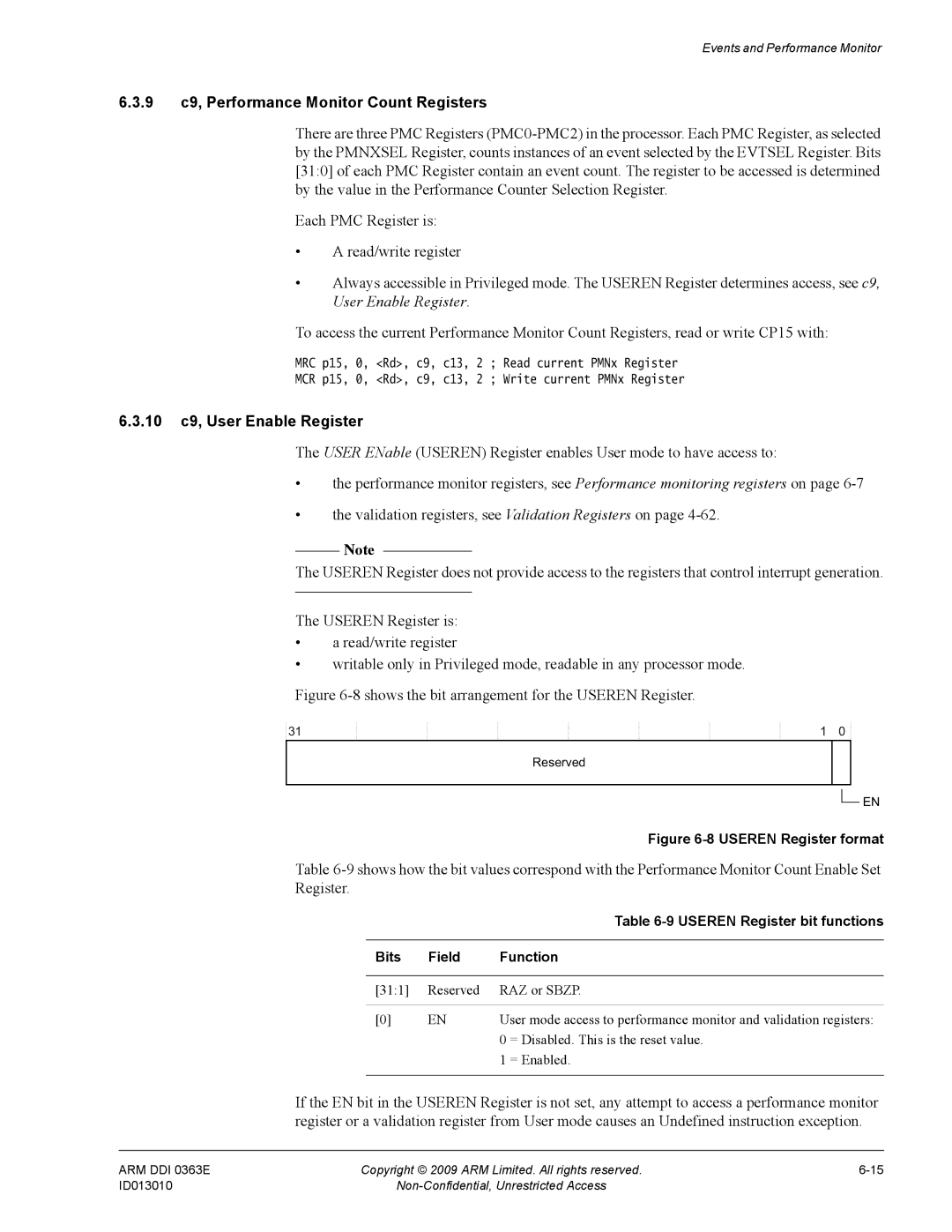 ARM r1p3, R4F manual 9 c9, Performance Monitor Count Registers, 10 c9, User Enable Register, Useren Register bit functions 