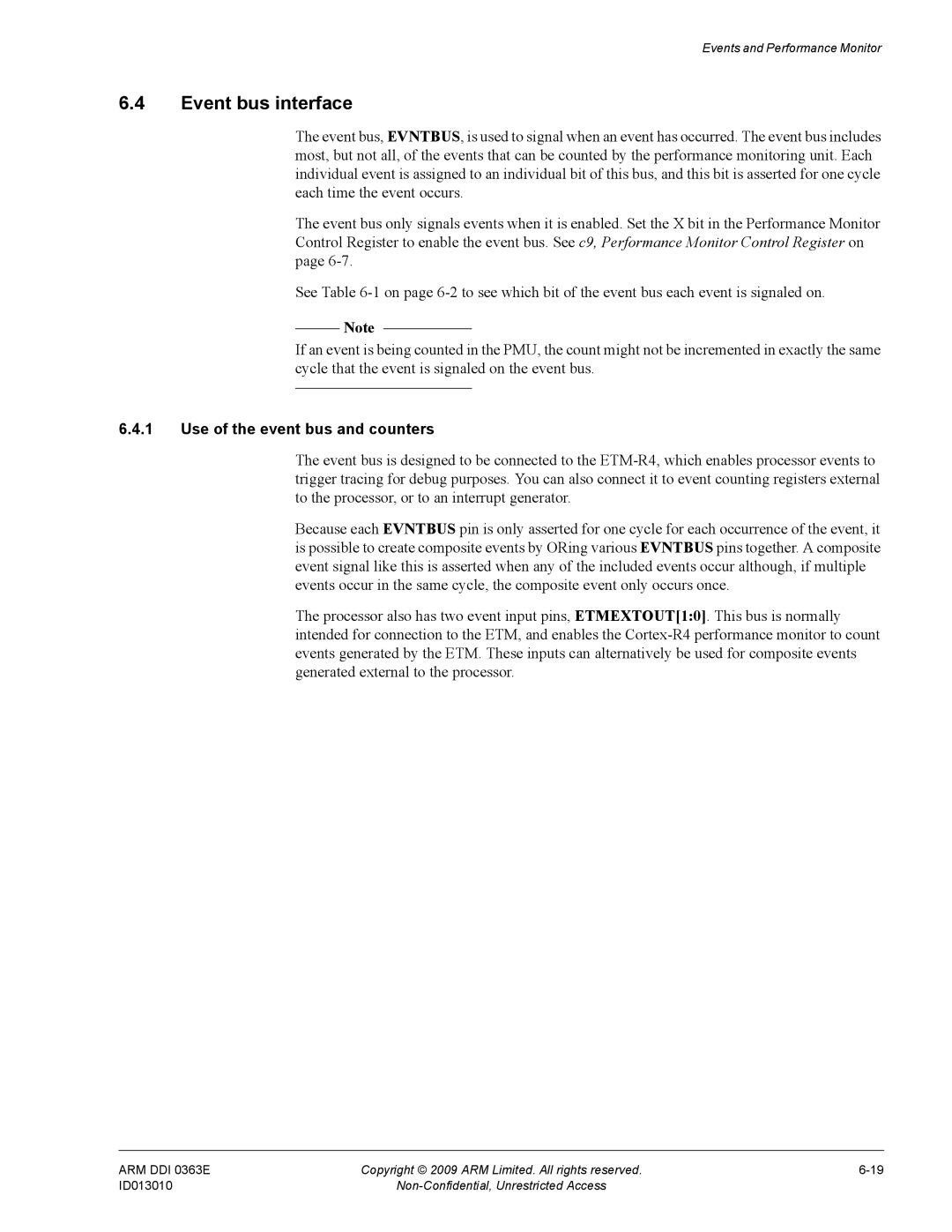 ARM R4F, r1p3 manual Event bus interface, Use of the event bus and counters 