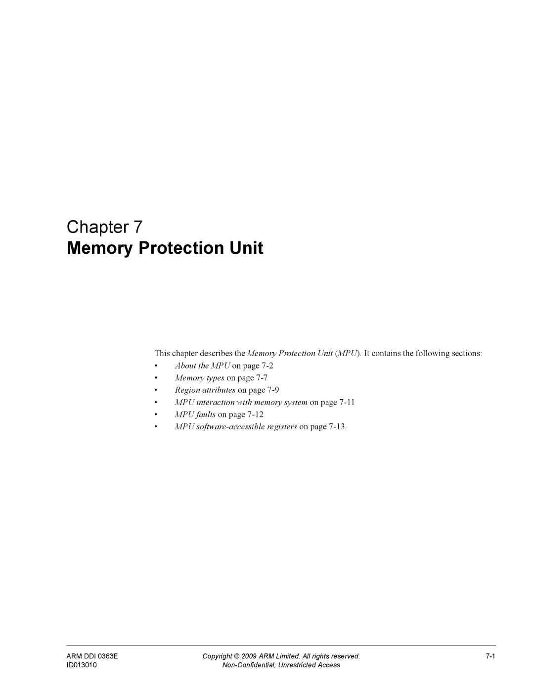 ARM R4F, r1p3 manual Memory Protection Unit, MPU faults on, MPU software-accessible registers on 