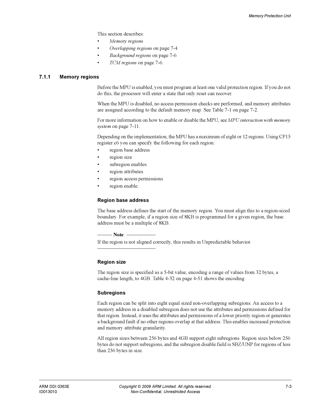 ARM R4F, r1p3 manual Memory regions, Region base address, Region size, Subregions 