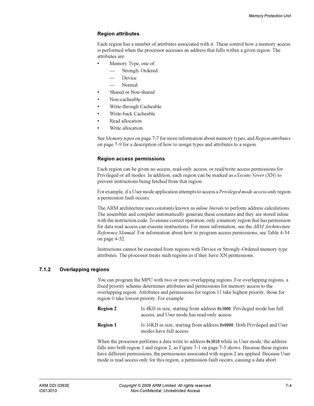 ARM R4F, r1p3 manual Region attributes, Region access permissions, Overlapping regions 